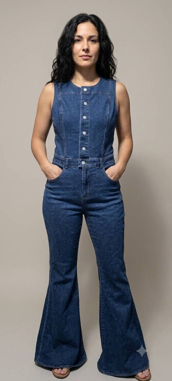 Blue B Collection Denim Jean Wide Leg Bell Bottom Jumpsuit Jumper Medium Western